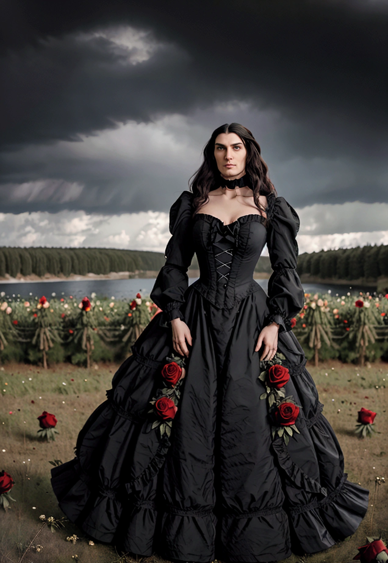 Gothic couple ((He in black Victorian clothes, ruffled neck collar, ruffled sleeve collar, Longhaire pretos, 1,90 metros de altura,Longhaire, straight half wavy, tall similar to Christopher Reeve and Peter Steele)),((ultrarealistic)),((hyper realist)),((the night)),((She in a Victorian dress,Longhaire e pretos, she with 1,58 m)), (( Scenario, in a flower field with black and red roses, cloudy and some distant pine trees and trees near a lake)).