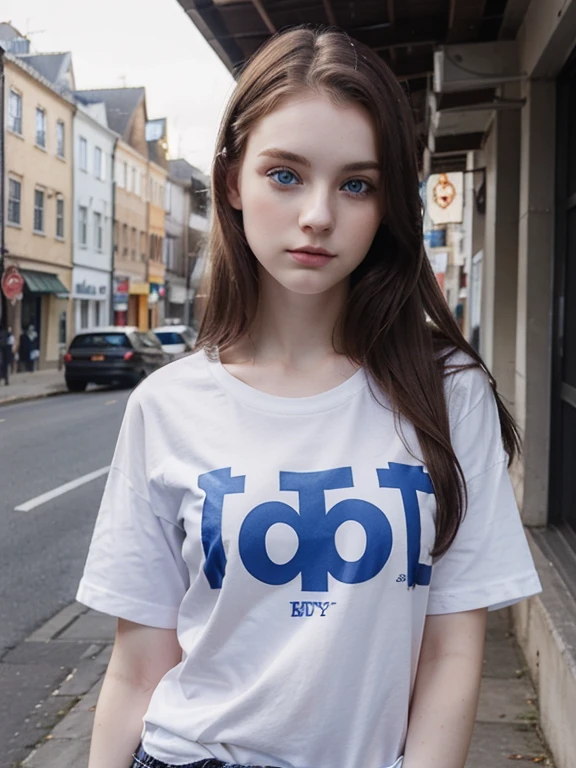 23 year old woman with blue eyes, pale skin wearing a plaid t-shirt