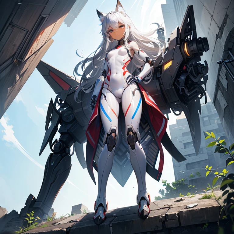 (8k, Realistic, RAW Photos, Highest quality, (from below:2), View your viewers: 1.3), (Fox Girl, Fox Ears, Silver Hair, One Girl, Long Hair, (Alone on the screen, dark skin), High definition:1.6), (mecha musume, Machinery Parts,Robot Joints, (White and red clothes, Full body mechanical suit):1.8), (Body measurements are 75-60-75!, Young girl body, Small breasts, , bent over, slender, muscle, Place your right hand on your right knee, Place your left hand on your left hip:1.9),(美しいface, Delicate drawing, It is written down in detail), Avatar, face, 色っぽいface, Dominant representation, naughty face, Uplifting, Skin Texture, outside, ruins, Ruined City, Broken Building, There are no people
