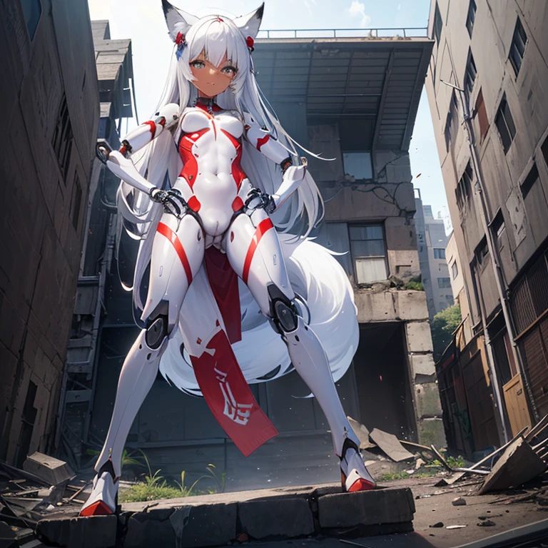(8k, Realistic, RAW Photos, Highest quality, (from below:2), View your viewers: 1.3), (Fox Girl, Fox Ears, Silver Hair, One Girl, Long Hair, (Alone on the screen, dark skin), High definition:1.6), (mecha musume, Machinery Parts,Robot Joints, (White and red clothes, Full body mechanical suit):1.8), (Body measurements are 75-60-75!, Young girl body, Small breasts, , bent over, slender, muscle, Place your right hand on your right knee, Place your left hand on your left hip:1.9),(美しいface, Delicate drawing, It is written down in detail), Avatar, face, 色っぽいface, Dominant representation, naughty face, Uplifting, Skin Texture, outside, ruins, Ruined City, Broken Building, There are no people