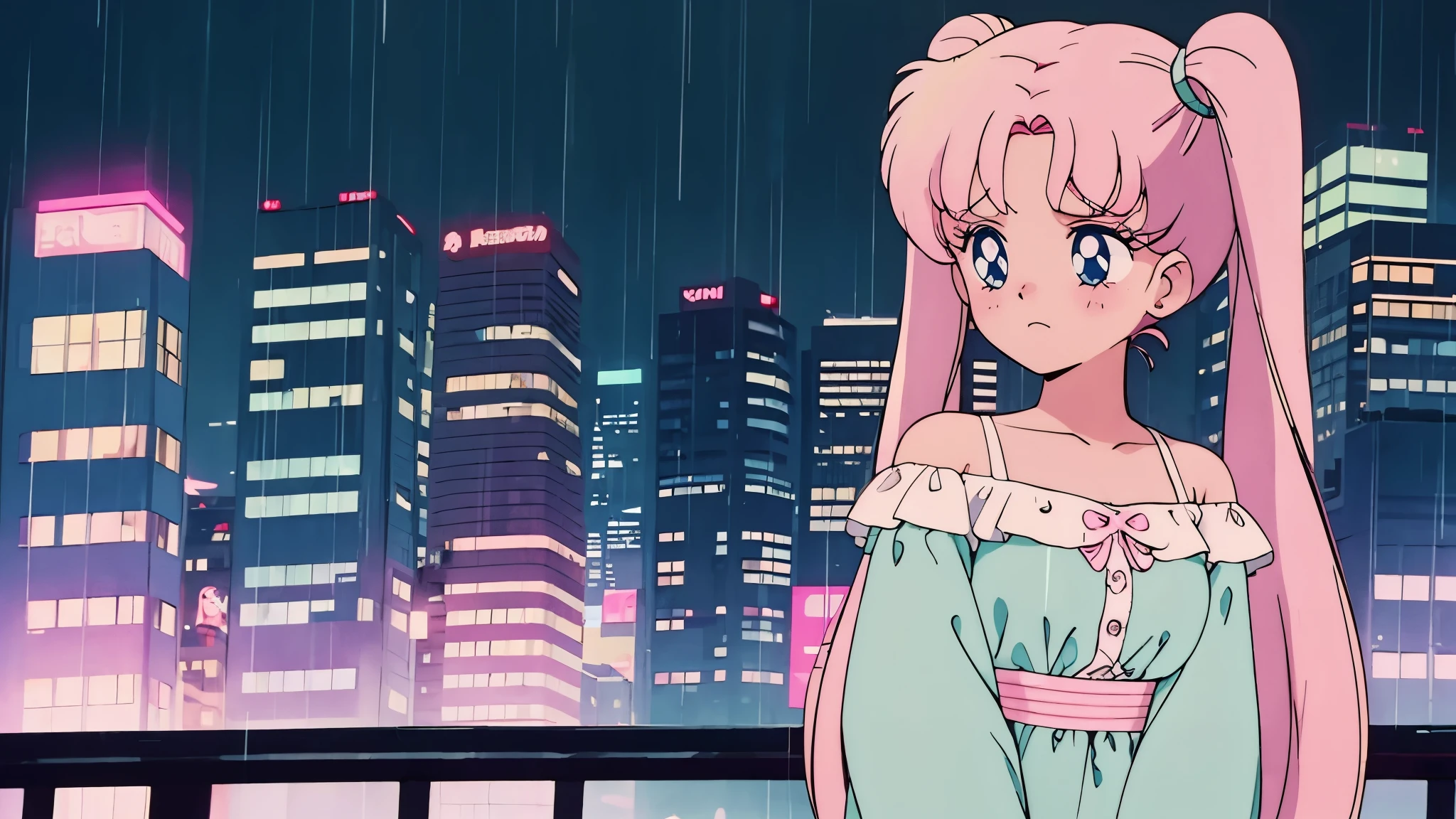 Highest quality,girl,cute,Twin tails,Pink Hair,Light blue eyes,Off-the-shoulder dress,Rainy cityscape,night,,Sad face,