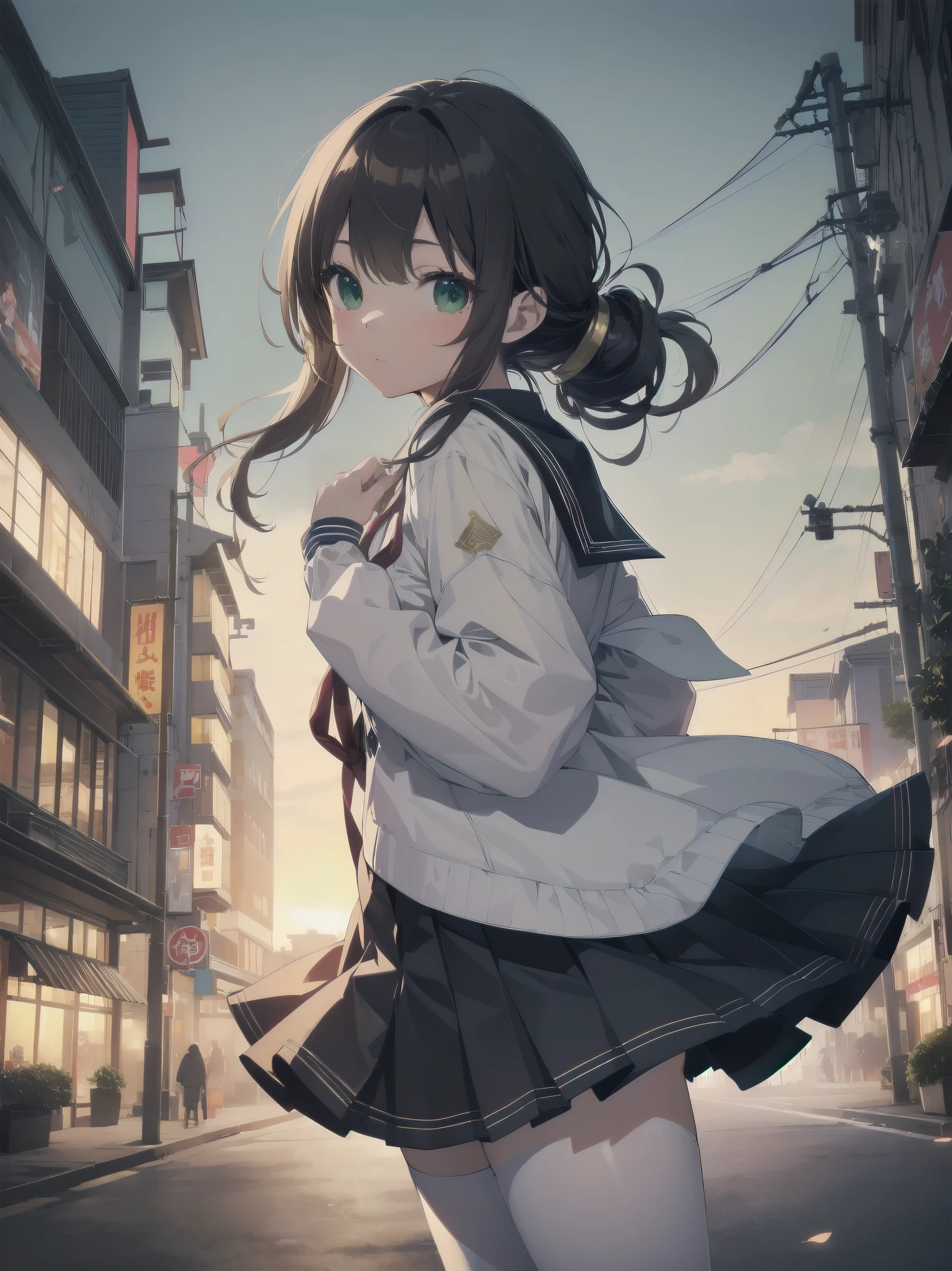 Masterpiece, illustration, super detailed, kawaii, one girl, 独奏, slender 14 year old, Japanese girl, chou chou, ribbon, nape of neck, low ponytail, cute pose in Less revealing attire, (green sailor outfit, two gold lines), large gold ribbon, priss skirt, black pantyhose, , Long Sleeves, White innerwear for sailor suit, living room, cowgirl shot, sfw, dynamic angle、Close-up on the characters、(building, city、A dense fog of fluorescent particles、１８００Era、Japanese Style、Fiction、grow、Overwhelming、Detailed street）、A beautiful girl with a beautiful background and a super cute pose
