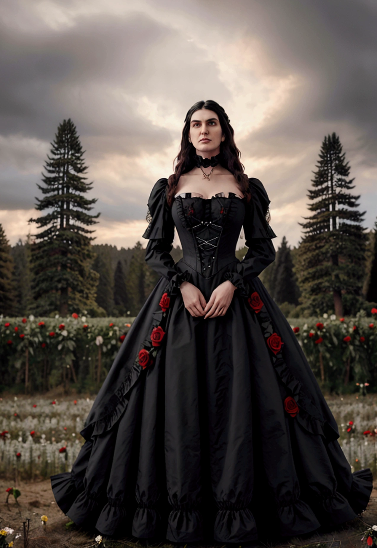 Gothic couple ((He in black Victorian clothes, ruffled neck collar, ruffled sleeve collar, Longhaire pretos, 1,90 metros de altura,Longhaire, straight half wavy, tall similar to Christopher Reeve and Peter Steele)),((ultrarealistic)),((hyper realist)),((the night)),((She in a Victorian dress,Longhaire e pretos, she with 1,58 m)), (( Scenario, in a flower field with black and red roses, cloudy and some distant pine trees and trees near a lake)).