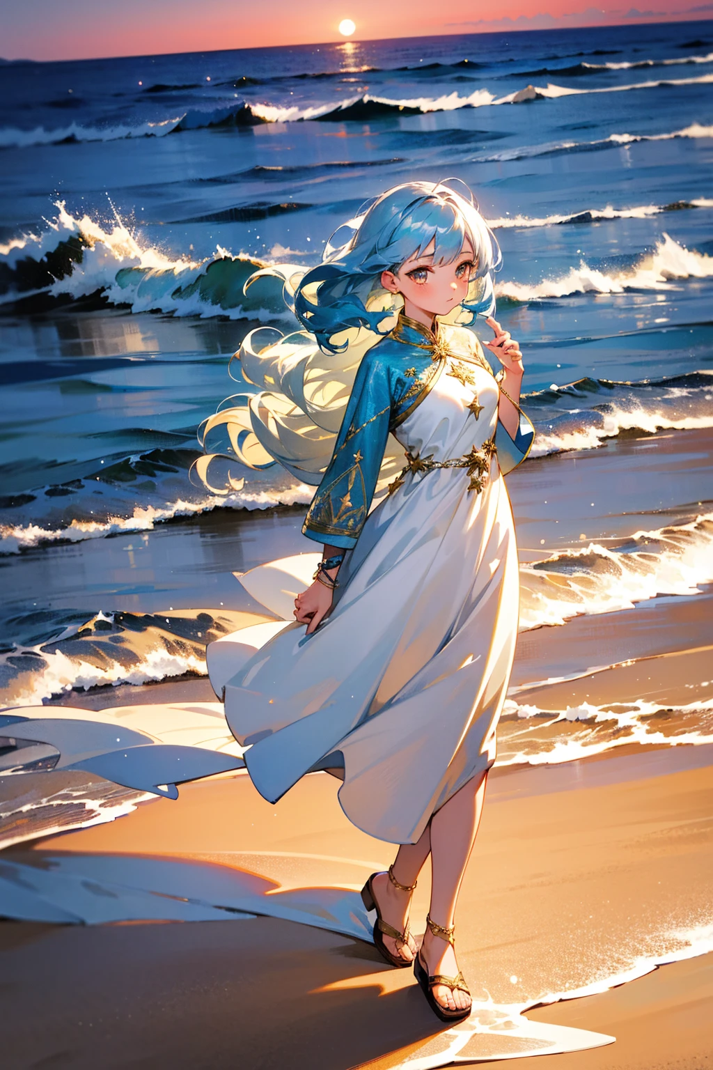 Masterpiece, 8k, a young woman with wavy, silver-blue hair and gold eyes, wearing a flowing white dress with delicate star embroidery, paired with light brown sandals. The background features a tranquil beach at dusk with soft waves and a shimmering horizon. Standing on path