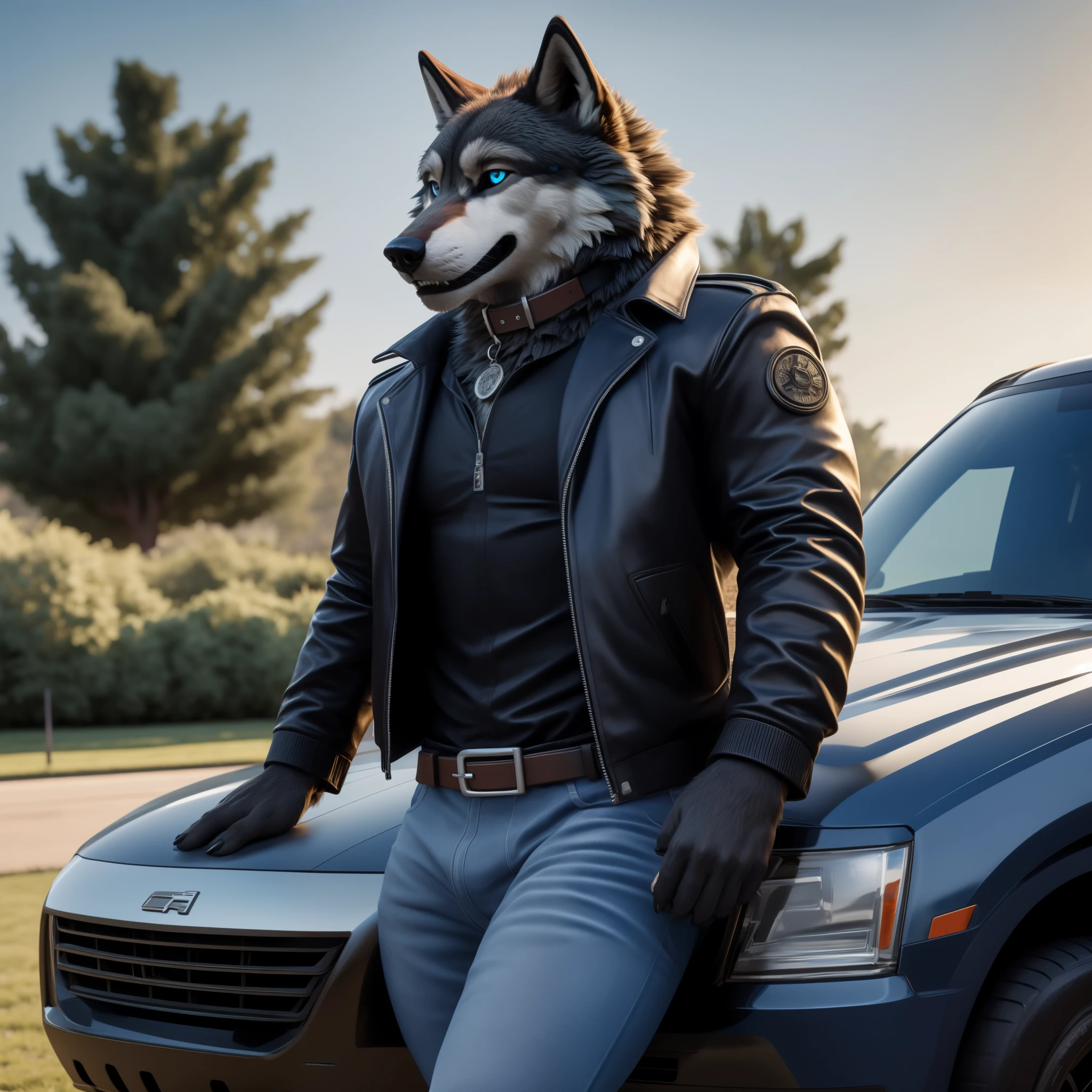 Hot daddy Werewolf male muscular black hair green eyes looking at the viewer seductive smile posing for the camera alone Uber driver young 22 year old American male pubic hair golden coat rule 34, erect cock, erect penis