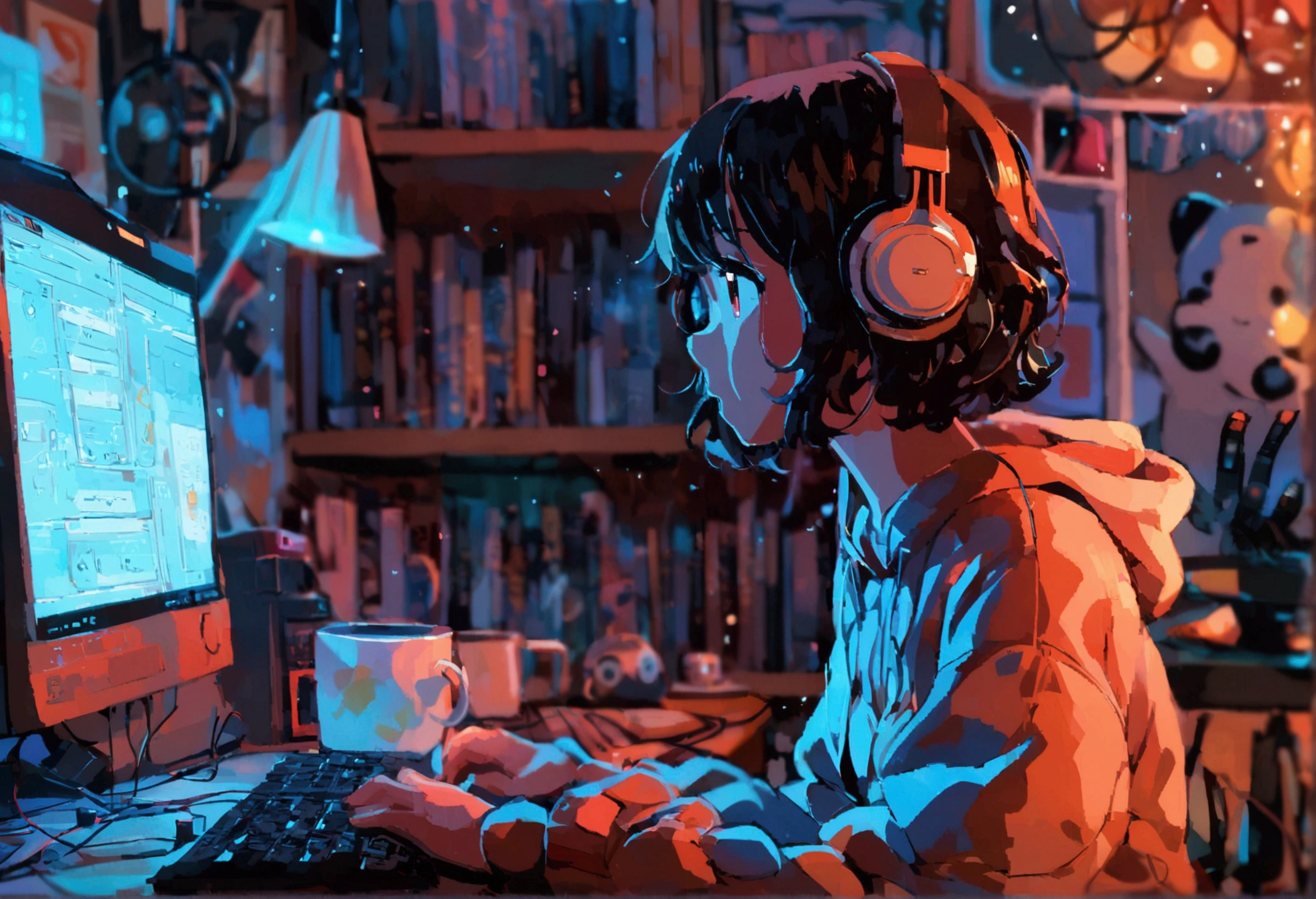 night、Girl listening to music in a cozy room, Use headphones, 2D Style Anime, Lo-Fi, hard disk, Dark Environment.A cute girl is in the room, Don't turn on the lights, fiddling with a computer