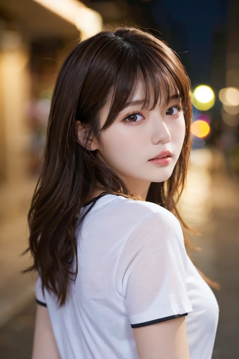 (Best quality, High resolution, Masterpiece :1.3), A pretty woman, Slender figure, Dark brown hair, T-shirt, (Street in city at night), Highly detailed face and skin texture, Detailed eyes, Double eyelid