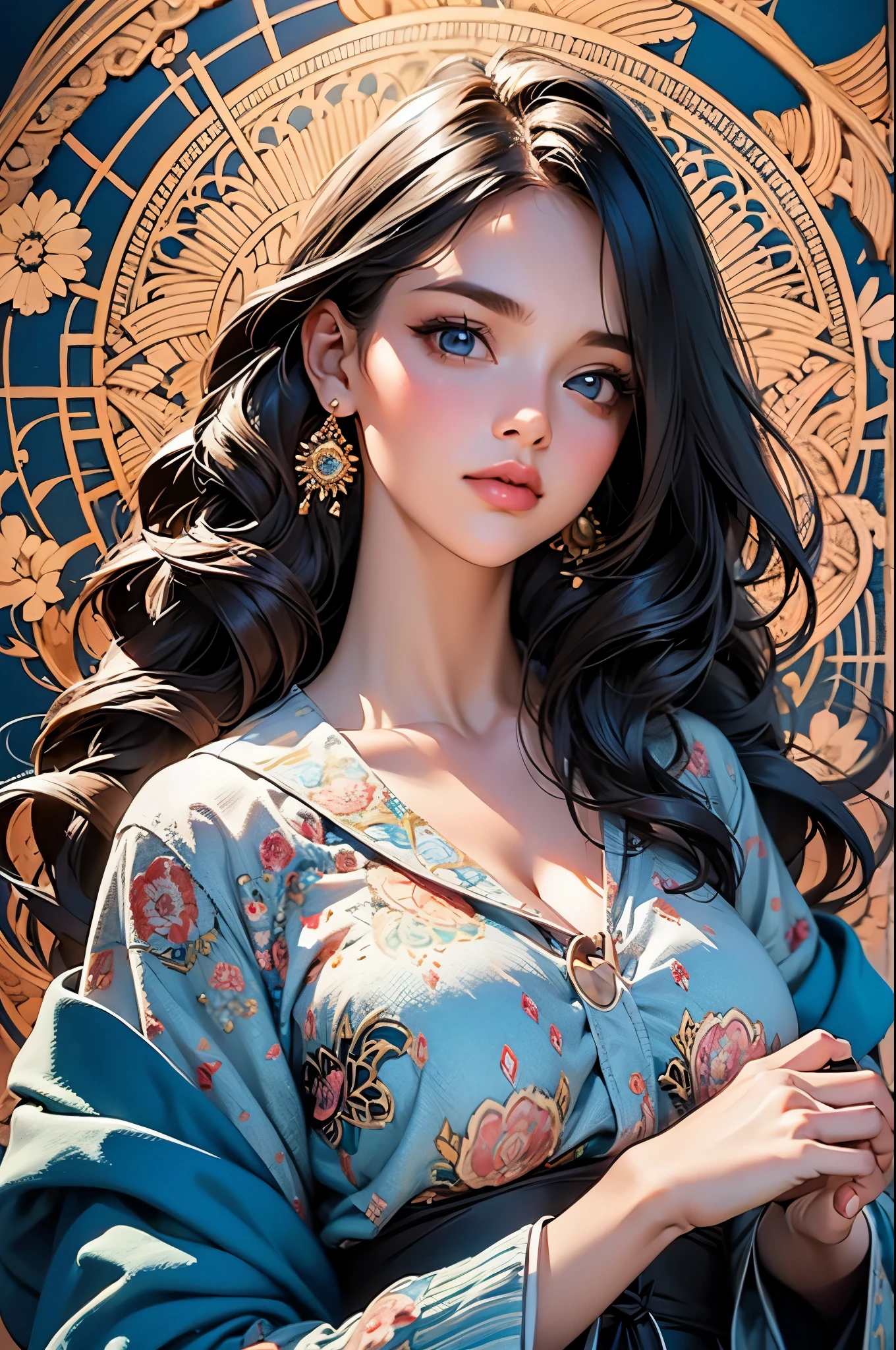 1girl,officialart,unity8kwallpaper,ultradetailed,beautifulandaesthetic,masterpiece,bestquality,(zentangle,mandala,tangle,entangle),dynamicangle,cowboyshot,themostbeautifulformofchaos,elegant,abrutalistdesigned,vividcolours,romanticism,WLOP,atmospheric,ecstasyofmusicalnotes,streamingmusicalnotesvisible