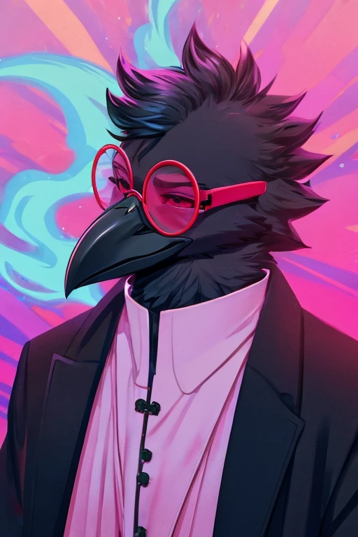 corvid, cold and indifferent expression, priest's suit with red stripes, red vest under the trench coat, round red glasses, vapor wave background.