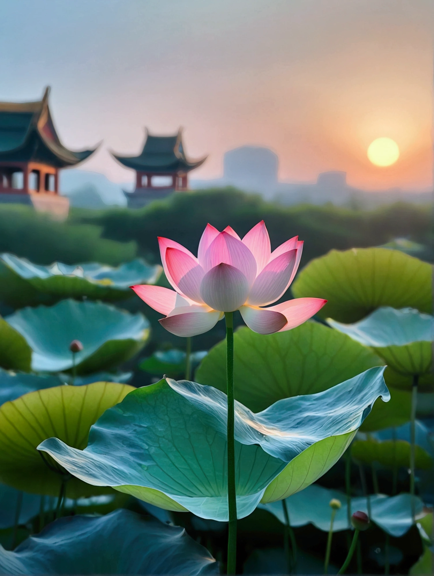 There are a lot of dew on the light white lotus，Green lotus pod，There is a Chinese building behind，There is a beautiful sunset，Real photography,Fresh and natural picture，best quality, high resolution, 16K
