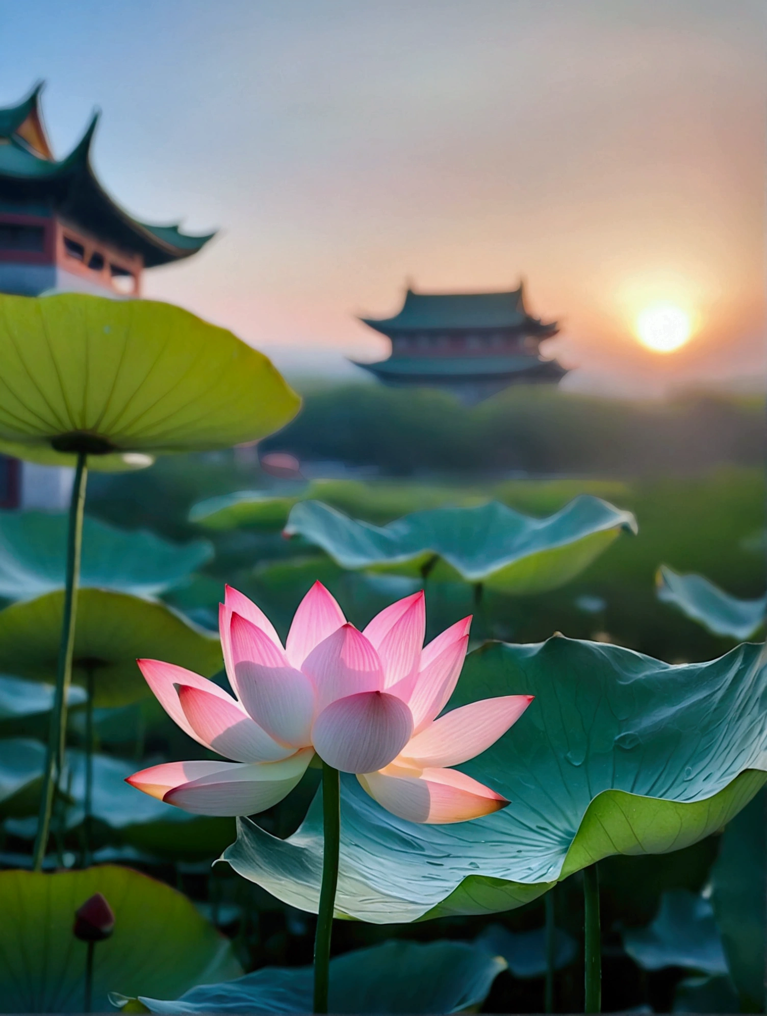 There are a lot of dew on the light white lotus，Green lotus pod，There is a Chinese building behind，There is a beautiful sunset，Real photography,Fresh and natural picture，best quality, high resolution, 16K
