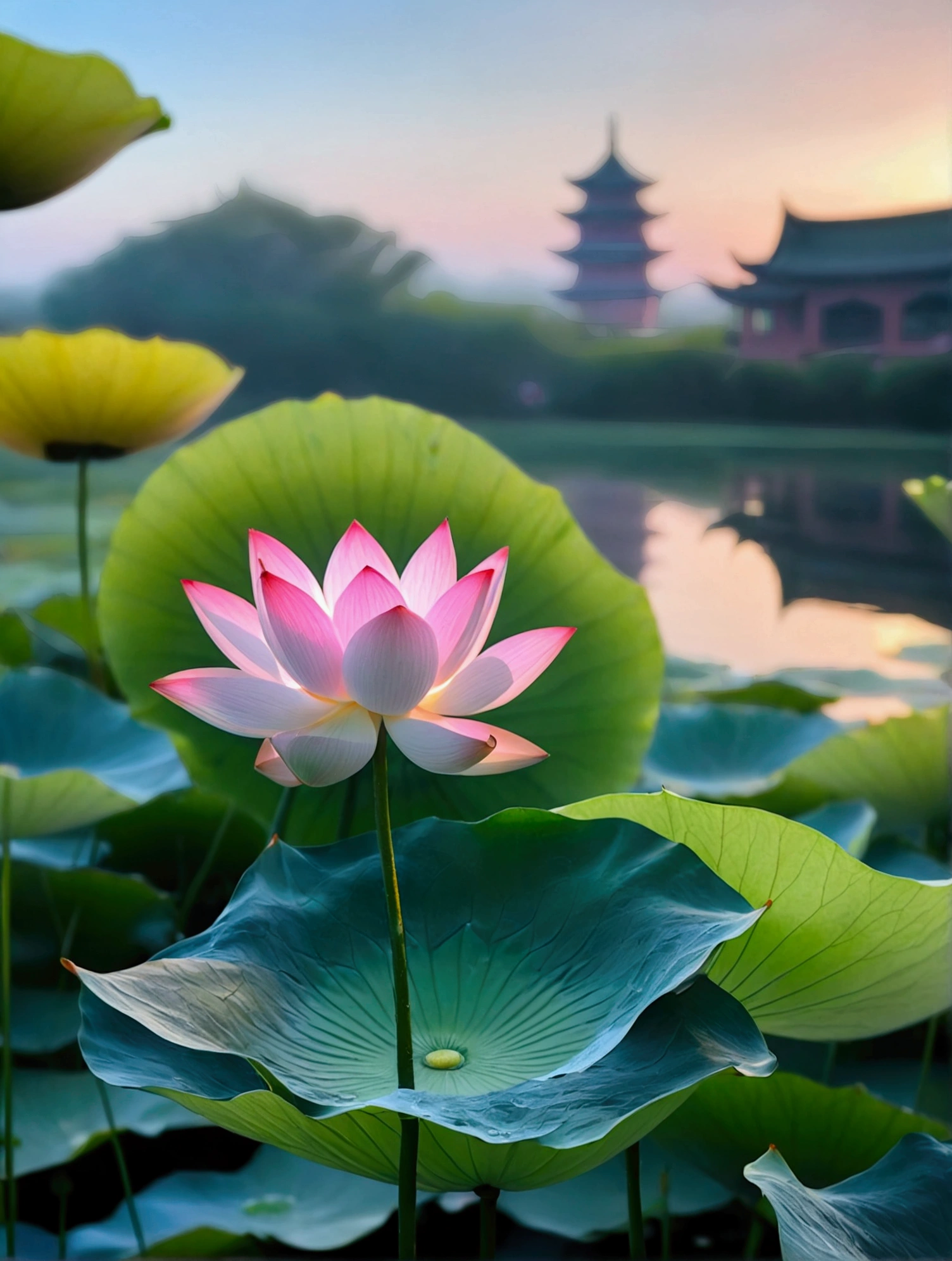 There are a lot of dew on the light white lotus，Green lotus pod，There is a Chinese building behind，There is a beautiful sunset，Real photography,Fresh and natural picture，best quality, high resolution, 16K
