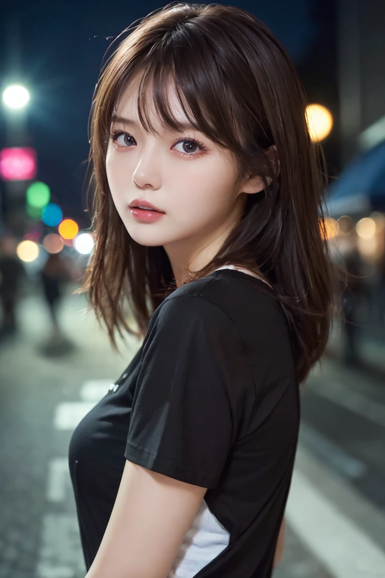 (Best quality, High resolution, Masterpiece :1.3), A pretty woman, Slender figure, Dark brown hair, T-shirt, (Street in city at night), Highly detailed face and skin texture, Detailed eyes, Double eyelid