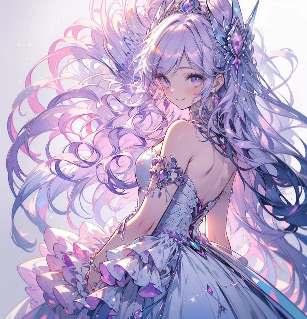 (masterpiece,Highest quality, Very detailed, beautiful, Exquisite, 16K, Full HD),((Whole body)), ((White Background:1.8)),((smile,Happy:1.5)),((Frills, Rhinestones and Amethyst,Sparkly purple fluffy layered ball gown)),((show off the dress:1.5)),(amethyst tiara,Amethyst Choker,Amethyst Earrings,Amethyst Shoes,),(Pink medium hair,Hair blowing in the wind, Fluffy hair),(White skin,Lavender eyes, Long eyelashes, Big eyes,Pale pink cheeks),Dazzling Light, Warm lighting, (pastel colour,Fantasy art:1.2),
