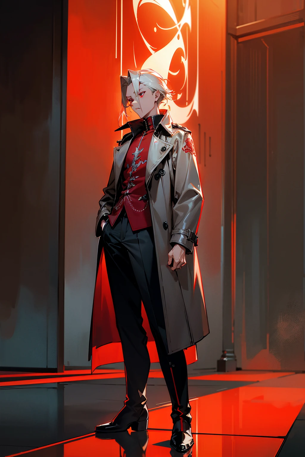 Masterpiece, 8k, a character with slick platinum blonde hair and striking red eyes, clad in a dark grey trench coat with detailed red flame embroidery, black trousers, and polished boots. He stands in a modern metropolis with neon signs and reflective glass buildings. Standing on path.