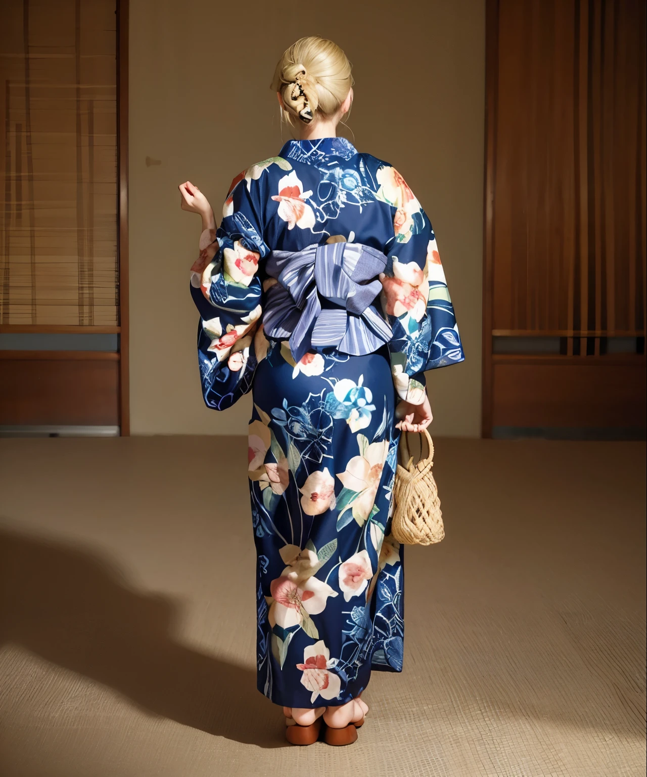 Only one female, Are standing, back of head, (From behind),  (Elegant yukata:1.1), Mature Woman, /(Blonde/), Put your hair up, Floral decoration, (Neck), (Masterpiece Top quality:1.2) Delicate illustration super detailed BREAK,yukata
