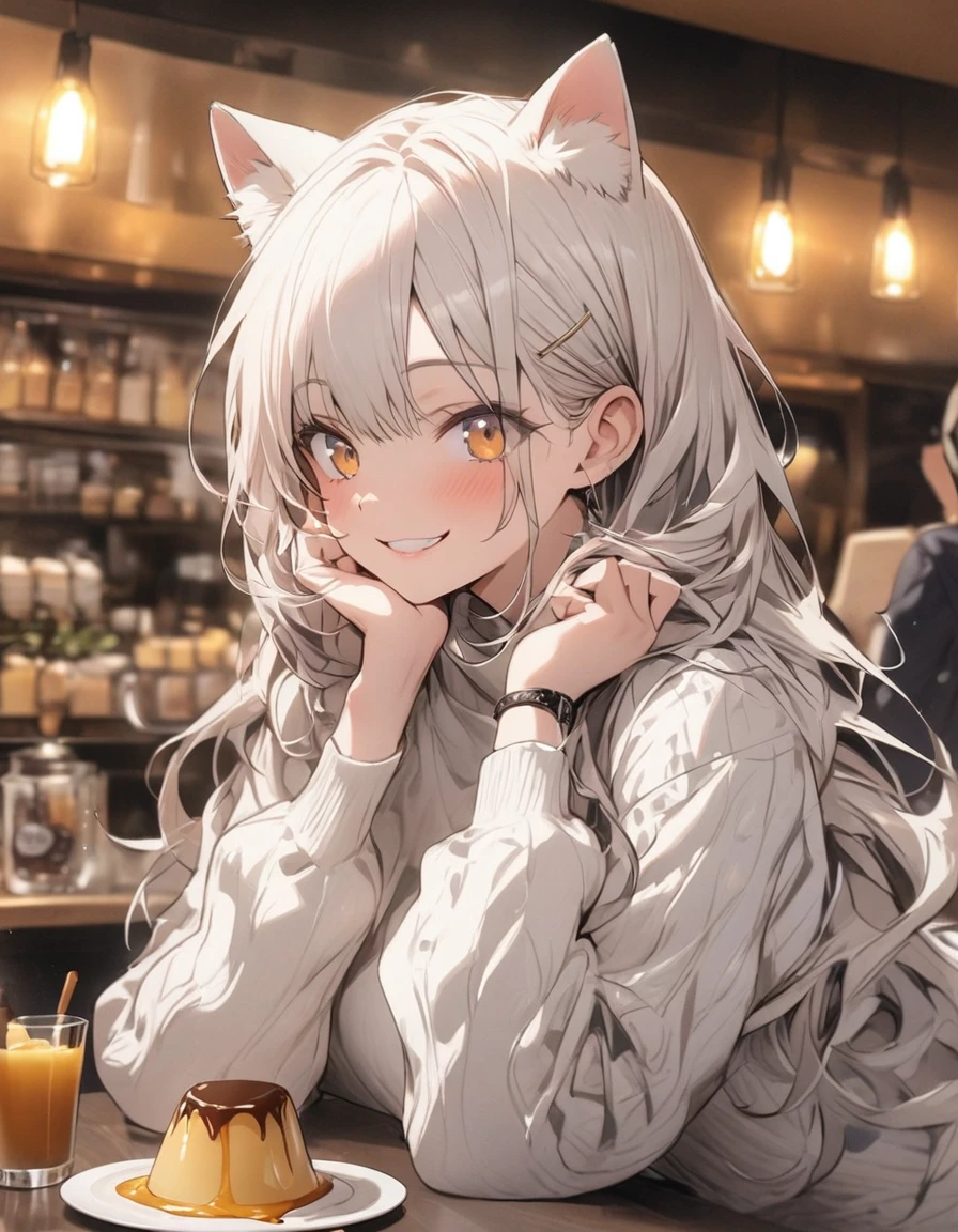 masterpiece、girl、White Hair、Long Hair、Cat ear、smile、(((Big caramel sauce Pudding))),Focus on the face, Cafe background
