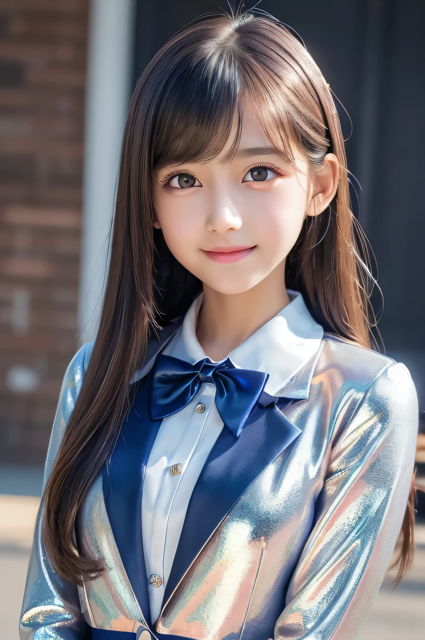 (Very beautiful cute girl), (very cute face:1.2),13 yo, (sparking clear attractive large growing eyes:1.3), Beautiful detailed eyes, Detailed double eyelids, (smiling), (realistic photograph:1.2), long straight hair, (super shiny metallic dark blue blazer:1),pearl white school blouse,(shiny metallic pink neck bow tie:1),(super shiny metallic dark blue pleated skirt :1)