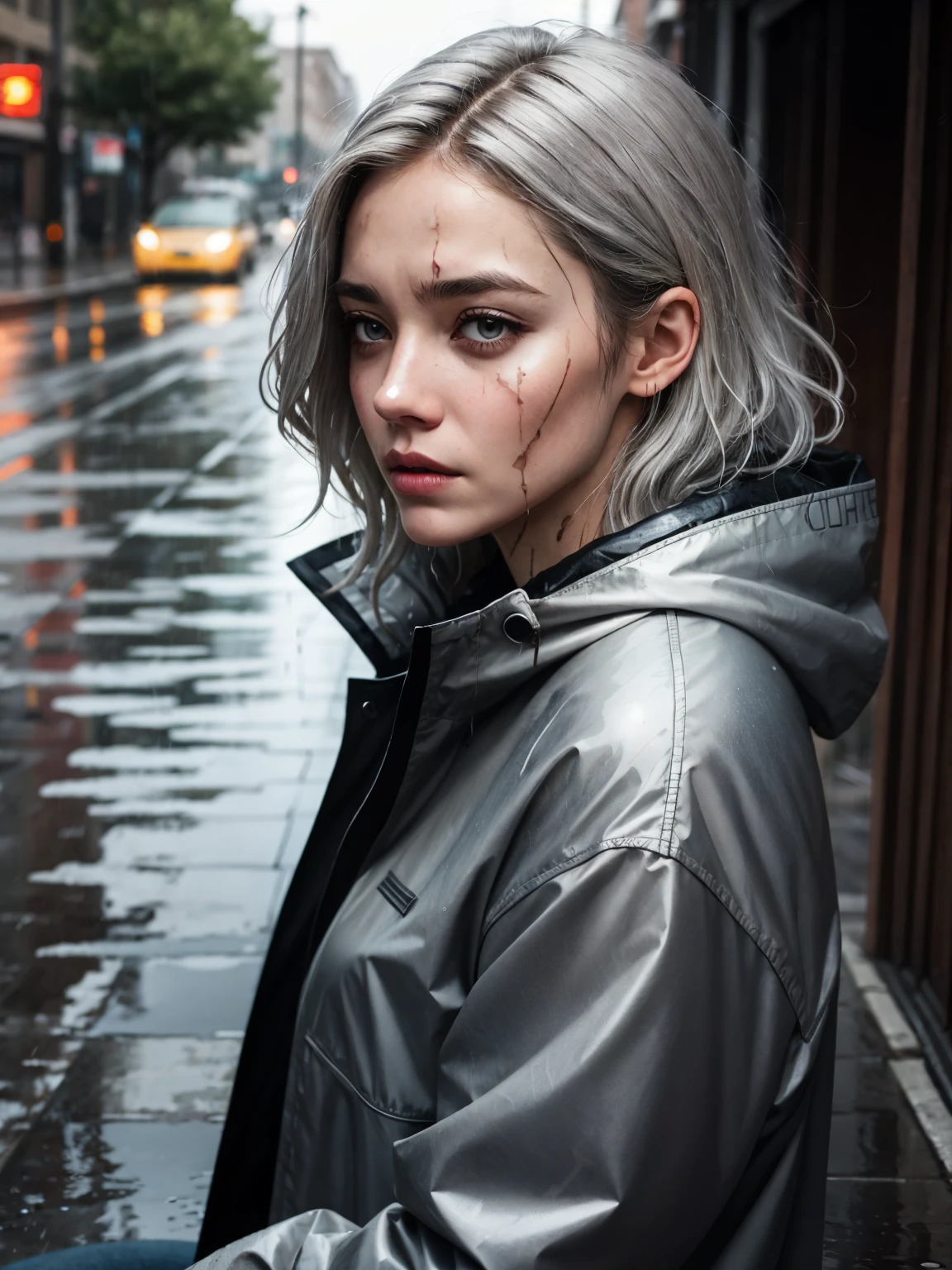 1girl, scarred face, stitches, silver hair, messy hair, gray skin, grey skin, silver eyes. sitting, street, portrait, tired expression, rain, rainy, pouring rain, view from above, wet hair, black coat, wet clothing, better_scar, scar, 