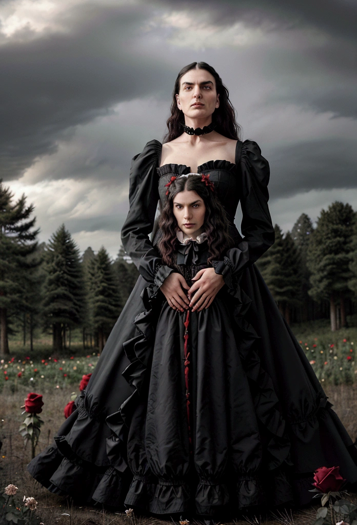 Gothic couple ((He in black Victorian clothes, ruffled neck collar, ruffled sleeve collar, Longhaire pretos, 1,90 metros de altura,Longhaire, straight half wavy, tall similar to Christopher Reeve and Peter Steele)),((ultrarealistic)),((hyper realist)),((the night)),((She in a Victorian dress,Longhaire e pretos, she with 1,58 m)), (( Scenario, in a flower field with black and red roses, cloudy and some distant pine trees and trees near a lake)). 