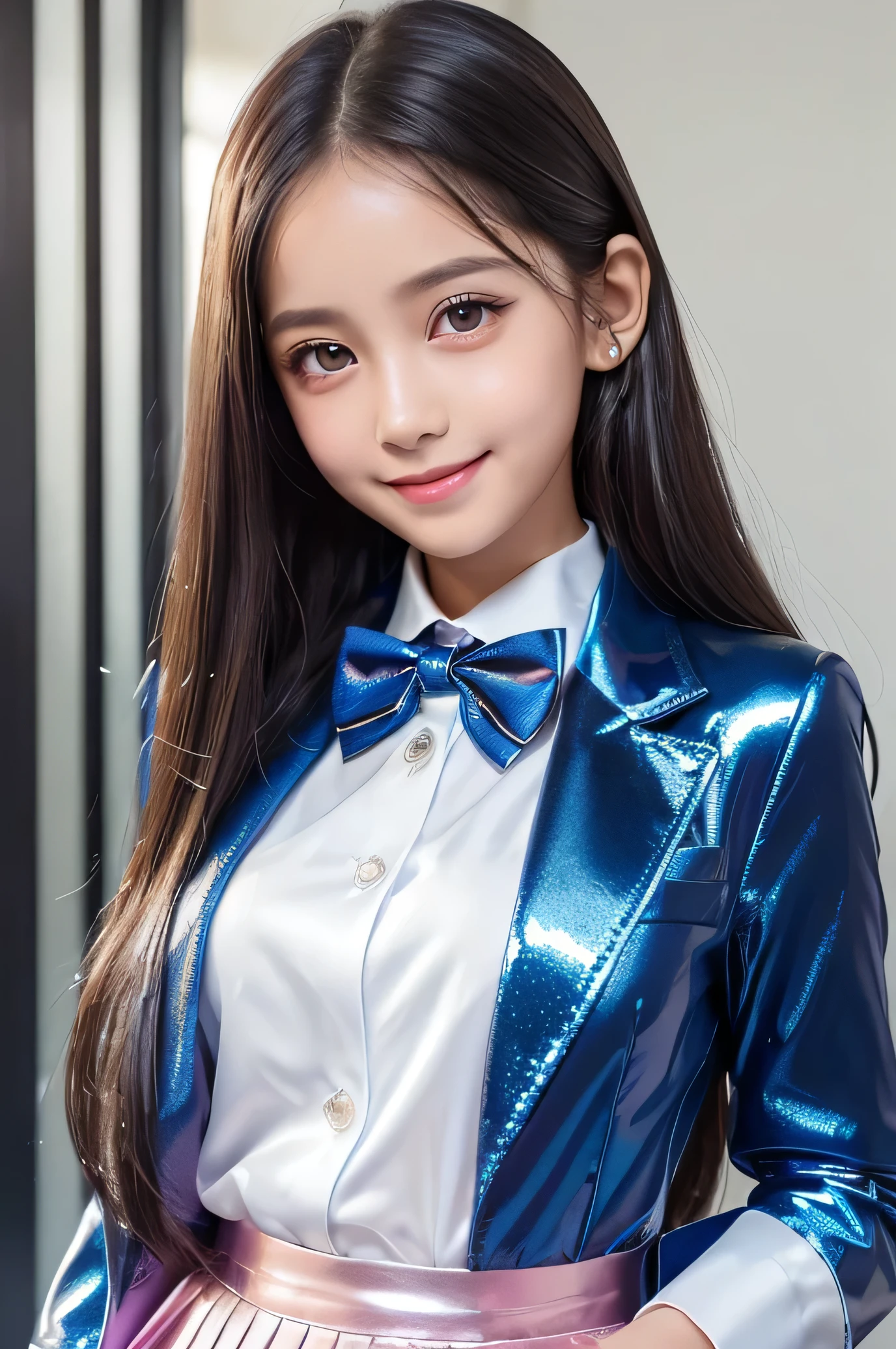 (Very beautiful cute girl), (very nice cute face:1.2),13 yo, (sparking clear attractive large growing eyes:1.3), Beautiful detailed eyes, Detailed double eyelids, (smiling), (realistic photograph:1.2), long straight hair, (super shiny metallic dark blue blazer:1),pearl white school blouse,(shiny metallic pink neck bow tie:1),(super shiny metallic dark blue pleated skirt :1)