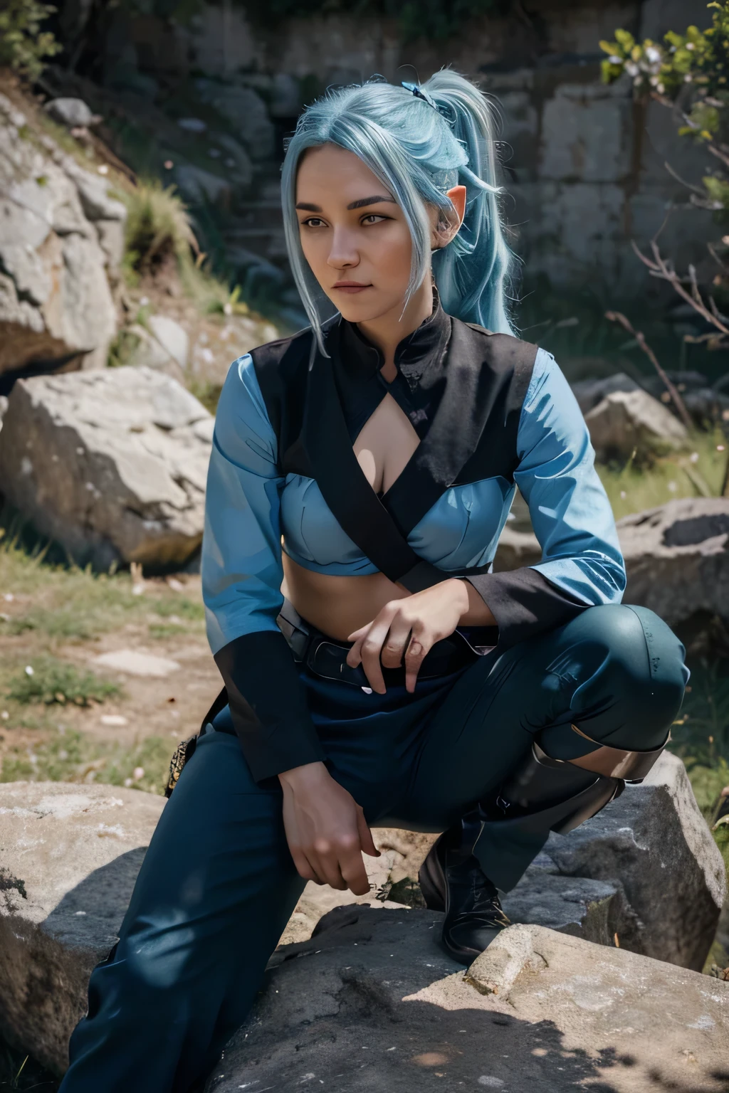 Image style: photographic lighting: a shadow on the character Textures: The character is an elf with light blue hair and a ponytail., a superior set of fabrics and comfortable for battle, it must be a slim suit, a pair of black and whole pants Facial expression: The character must have a look tired from the war but must express happiness and relief at the same time Background: must be in a war with spears , weapons and battle wounded in the distance, The distance should be medium so that the character can be seen sitting on a rock with his arm on one knee.