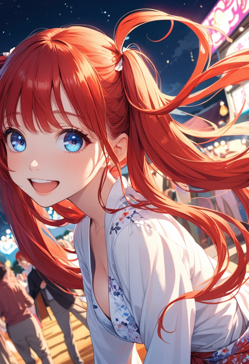 detailed illustration, dynamic angle, ultra-detailed, illustration, 1girl, 18 year old, school girl, twin tails, long red hair, very long hair, white blouse, red tie, medium breasts, looking at camera, from the side, blue eyes, crystal eyes, bright eyes, kimono, at the festival, at night, smiling softly, happy, laughing, leaning forward, cleavage