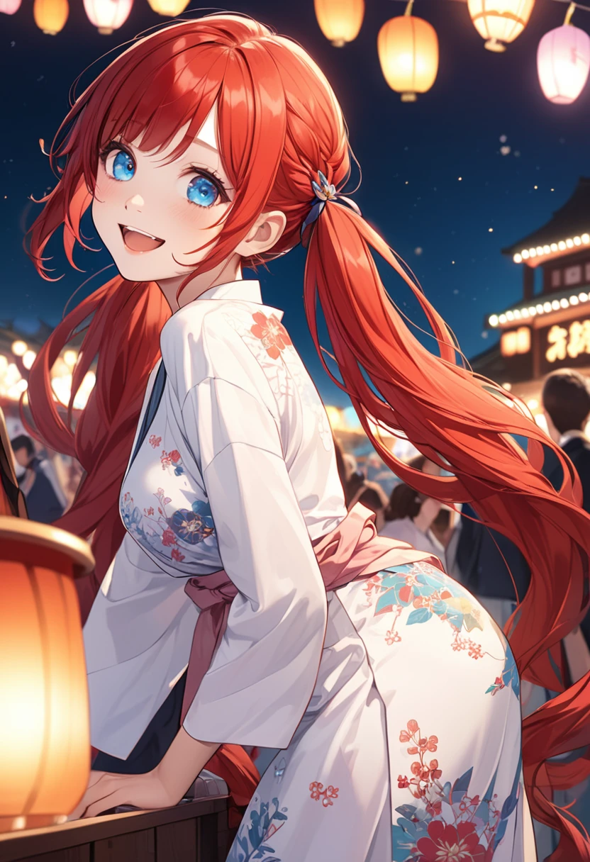 detailed illustration, dynamic angle, ultra-detailed, illustration, 1girl, 18 year old, school girl, twin tails, long red hair, very long hair, white blouse, red tie, medium breasts, looking at camera, from the side, blue eyes, crystal eyes, bright eyes, kimono, at the festival, at night, smiling softly, happy, laughing, leaning forward, cleavage