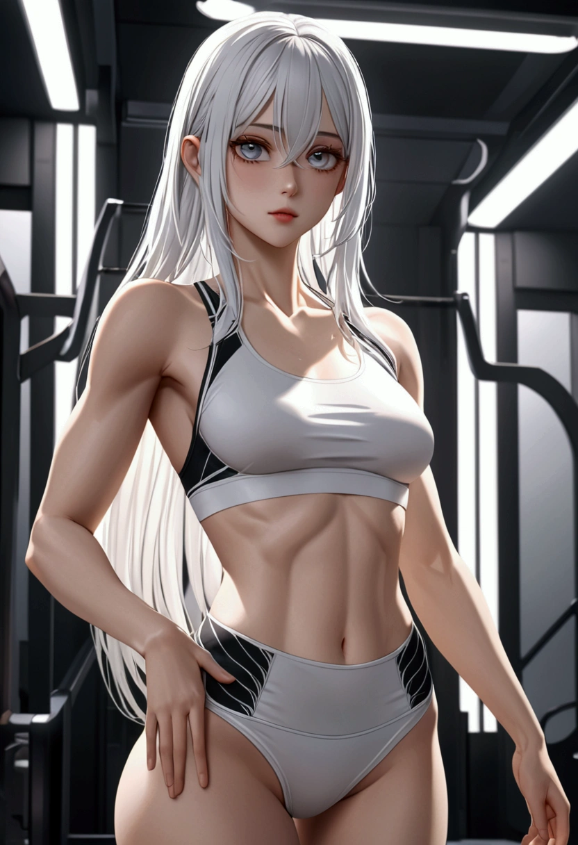 A beautiful full body girl,with fair skin,White color hair,double-ponytail, old,Perfect body with muscularity,skinny pants,Super sexy scene,facial closeups,Bad laughs,