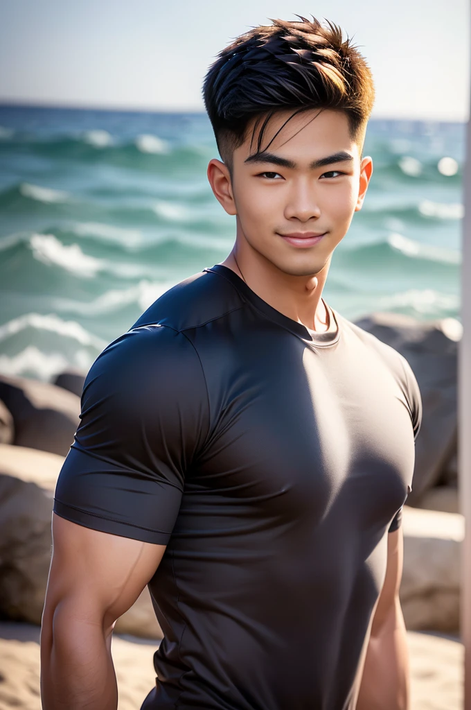 slim asian wearing male with long , ponytail on top of head, on the beach