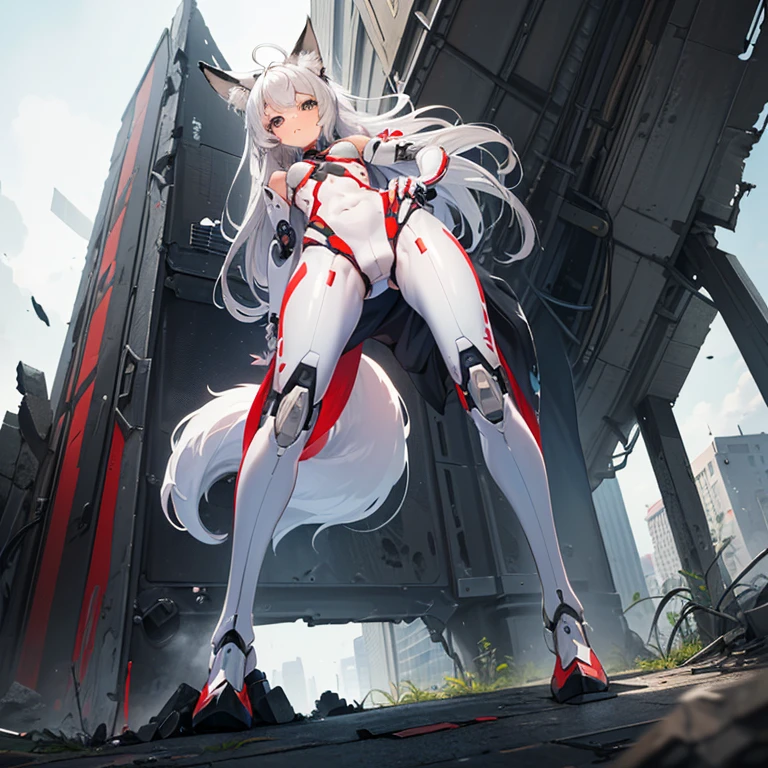 (8k, Realistic, RAW Photos, Highest quality, (from below:2), View your viewers: 1.3), (Fox Girl, Fox Ears, Silver Hair, One Girl, Long Hair, (Alone on the screen, dark skin), High definition:1.6), (mecha musume, Machinery Parts,Robot Joints, (White and red clothes, Full body mechanical suit):1.8), (Body measurements are 75-60-75!, Young girl body, Small , slender, muscle, (Place your right hand on your right knee, Place your left hand on your left hip, bent over):1.9),(美しいface, Delicate drawing, It is written down in detail), Avatar, face, 色っぽいface, Dominanesentation, naughty face, Uplifting, Skin Texture, outside, ruins, Ruined City, Broken Building, There are no people