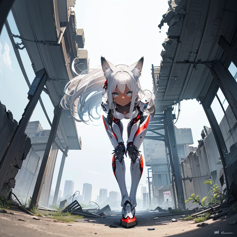 (8k, Realistic, RAW Photos, Highest quality, (from below:2), View your viewers: 1.3), (Fox Girl, Fox Ears, Silver Hair, One Girl, Long Hair, (Alone on the screen, dark skin), High definition:1.6), (mecha musume, Machinery Parts,Robot Joints, (White and red clothes, Full body mechanical suit):1.8), (Body measurements are 75-60-75!, Young girl body, Small breasts, slender, muscle, (Place your right hand on your right knee, Place your left hand on your left hip, bent over):1.9),(美しいface, Delicate drawing, It is written down in detail), Avatar, face, 色っぽいface, Dominant representation, naughty face, Uplifting, Skin Texture, outside, ruins, Ruined City, Broken Building, There are no people