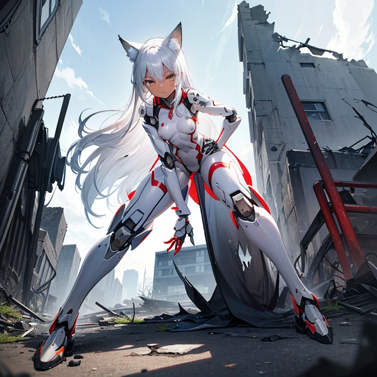 (8k, Realistic, RAW Photos, Highest quality, (from below:2), View your viewers: 1.3), (Fox Girl, Fox Ears, Silver Hair, One Girl, Long Hair, (Alone on the screen, dark skin), High definition:1.6), (mecha musume, Machinery Parts,Robot Joints, (White and red clothes, Full body mechanical suit):1.8), (Body measurements are 75-60-75!, Young girl body, Small breasts, slender, muscle, (Place your right hand on your right knee, Place your left hand on your left hip, bent over):1.9),(美しいface, Delicate drawing, It is written down in detail), Avatar, face, 色っぽいface, Dominant representation, naughty face, Uplifting, Skin Texture, outside, ruins, Ruined City, Broken Building, There are no people
