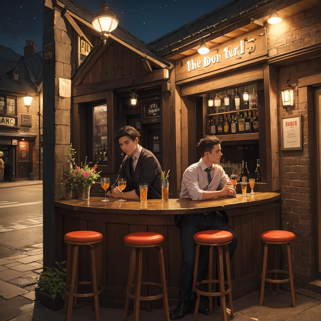 Outside the pub, bar, many people, night