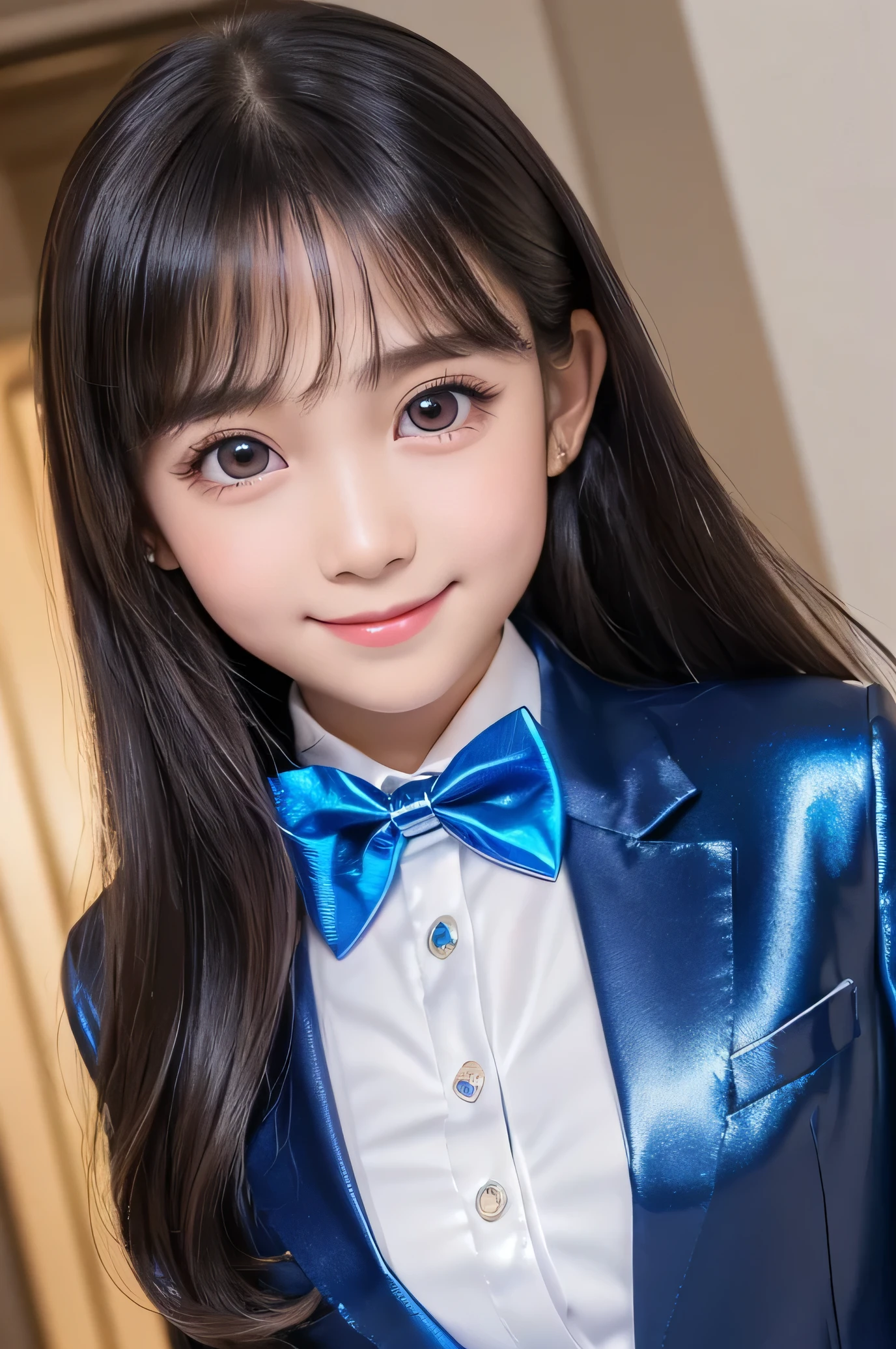 (Very beautiful  cute girl), (very  nice cute face:1.2),13 yo, (sparking clear attractive large growing eyes:1.3),  Beautiful detailed eyes, Detailed double eyelids, (smiling), (realistic photograph:1.2), long straight hair, (super shiny metallic dark blue blazer:1),pearl white school blouse,(shiny metallic pink neck bow tie:1),(super shiny metallic dark blue pleated skirt :1)