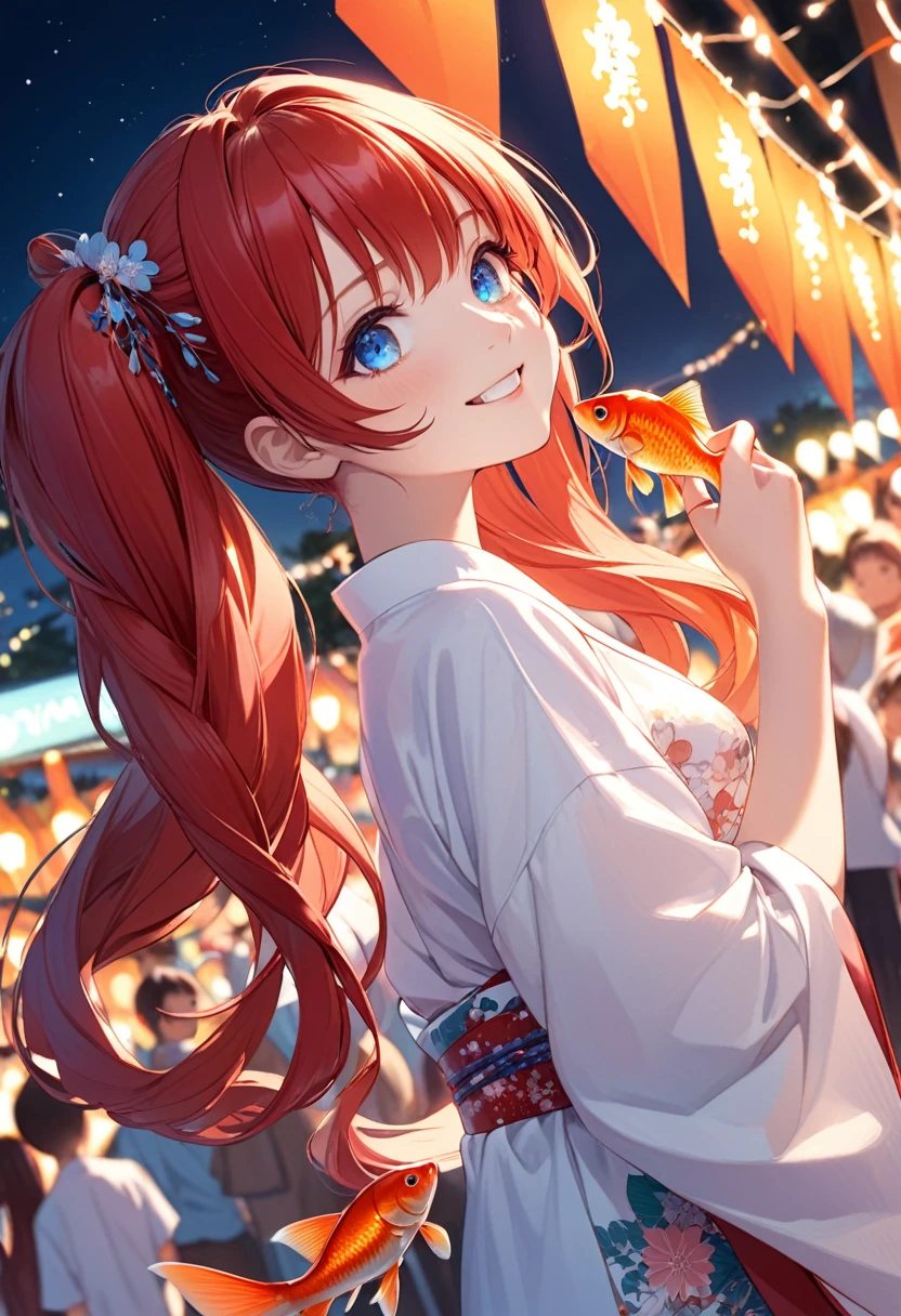 detailed illustration, dynamic angle, ultra-detailed, illustration, 1girl, 18 year old, school girl, twin tails, long red hair, very long hair, white blouse, red tie, medium breasts, looking at camera, from the side, blue eyes, crystal eyes, bright eyes, kimono, at the festival, at night, smiling softly, happy, joy, catching a goldfish