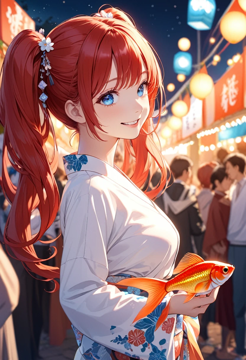 detailed illustration, dynamic angle, ultra-detailed, illustration, 1girl, 18 year old, school girl, twin tails, long red hair, very long hair, white blouse, red tie, medium breasts, looking at camera, from the side, blue eyes, crystal eyes, bright eyes, kimono, at the festival, at night, smiling softly, happy, joy, catching a goldfish