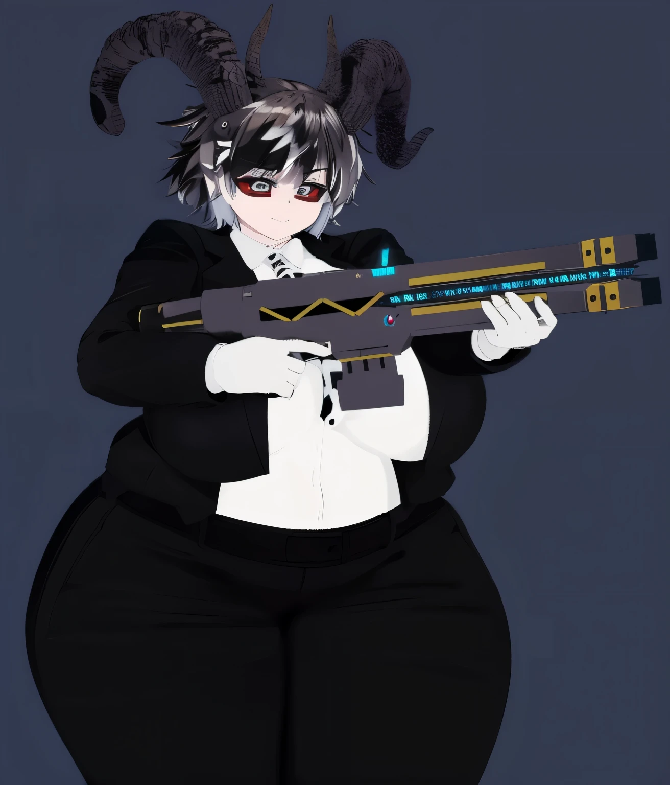 Voluptuous-bodied demon girl dressed in black with a black-spotted tie, holding a laser cannon