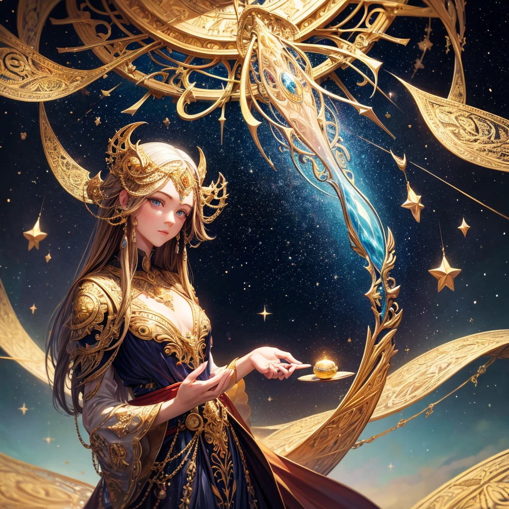 artwork, Surrealism, Very detailed, intricate details, oil painting, best quality, universe, Starry, woman holding two scales, pound sign concept, golden ratio, fair, universe concept, 8k, Cinematic light, Starry background, bright colors, Ultra high quality, author:Greg Rutkoski