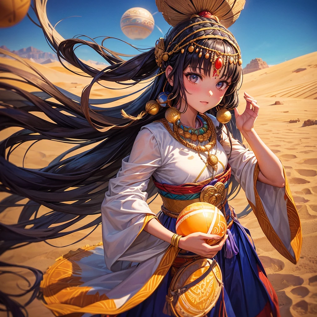 Alafi woman in traditional clothing holding snare drum in desert, A young woman in shamanic clothing, A girl holds a sphere, Movie《Silk Road》The view, beautiful youth, Portrait shoot, Princess Lib, The desert's vanishing line is below a woman's waist, The sky is clear and transparent.