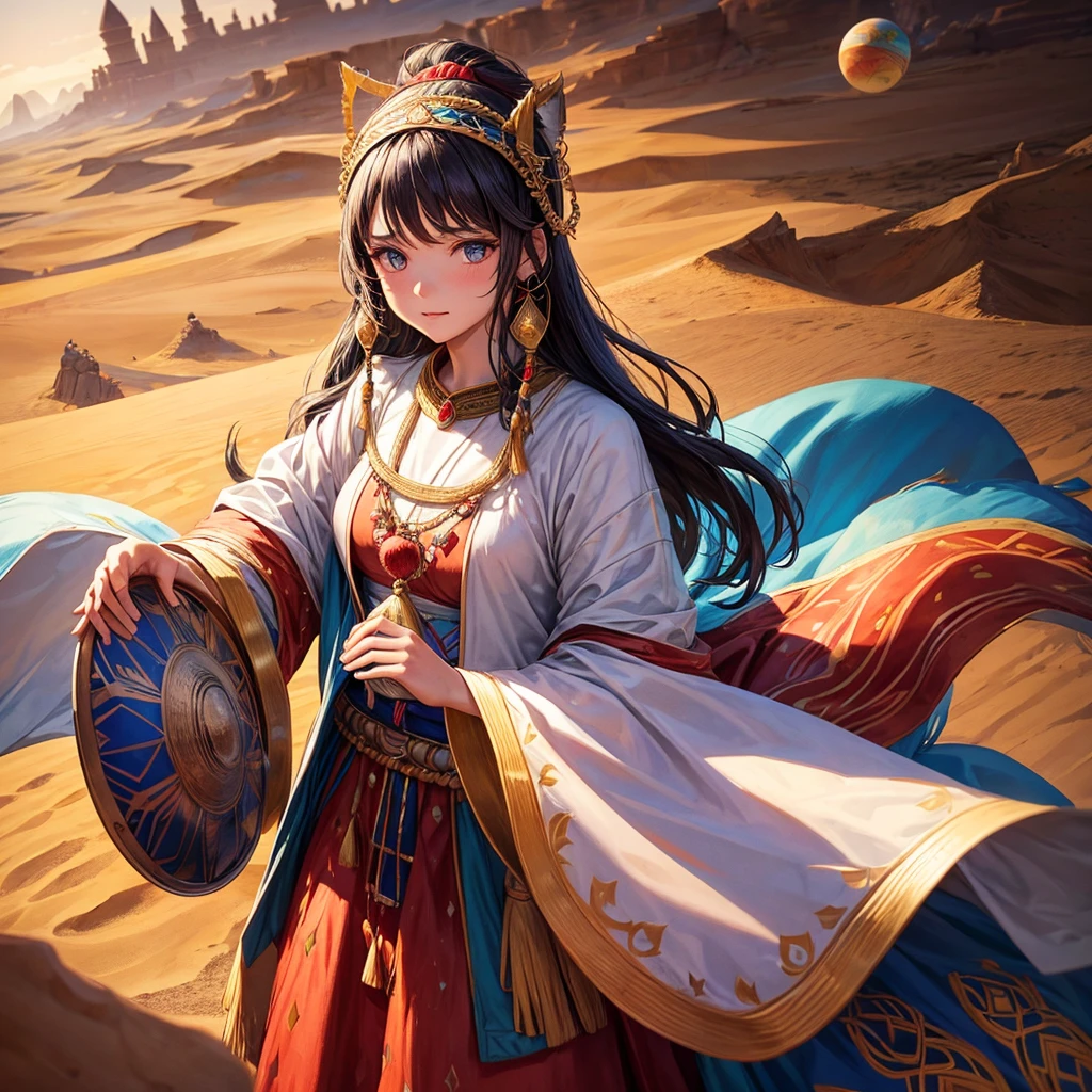 Alafi woman in traditional clothing holding snare drum in desert, A young woman in shamanic clothing, A girl holds a sphere, Movie《Silk Road》The view, beautiful youth, Portrait shoot, Princess Lib, The desert's vanishing line is below a woman's waist, The sky is clear and transparent.
