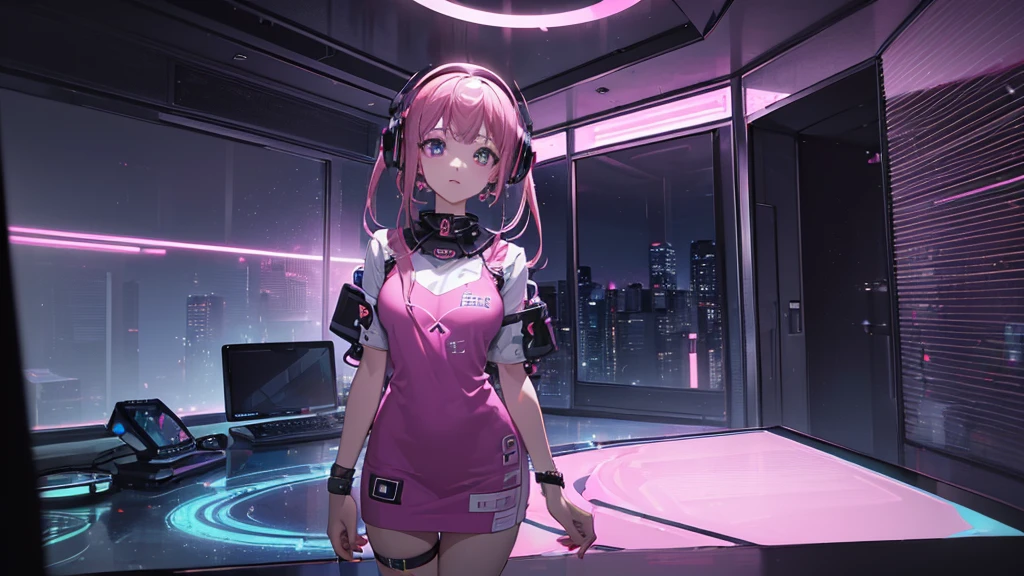 ((Highest quality, 8k, masterpiece: 1.3)),((Amazing details: 1.2)),((figure: 1.1)),Vaporwave,pink,dream-like,Roffi style,distort,computer,Film Grain,night、Girl listening to music in a cozy room, Use headphones, 2D Style Anime, Lo-Fi, hard disk, Dark Environment.A cute girl is in the room, Don't turn on the lights, fiddling with a computer