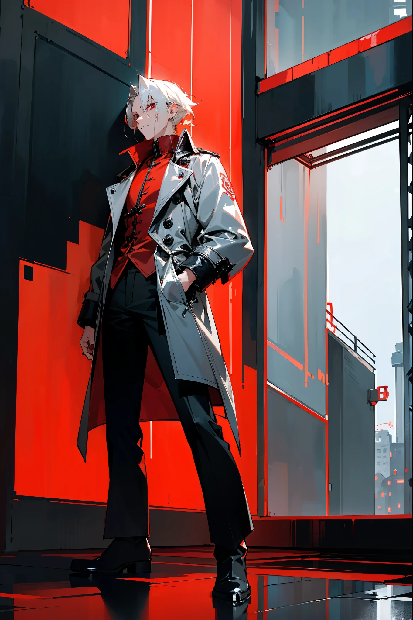 Masterpiece, 8k, a character with slick platinum blonde hair and striking red eyes, clad in a dark grey trench coat with detailed red flame embroidery, black trousers, and polished boots. He stands in a modern metropolis with neon signs and reflective glass buildings. Standing on path.