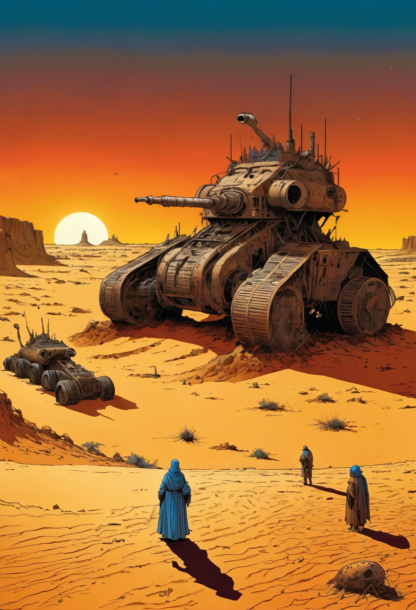Anguibilar,Philippe Drouet,Moebius inspired French comic art "Vast desert,Full of huge, Rusty war machines, Half buried in the sand, Sunset,Casts long shadows across the scene, Adds an eerie feeling of a long-forgotten battlefield", The contrast of colors and textures should be sharp、meticulous,Surrealism,Energetic,But slightly unsaturated