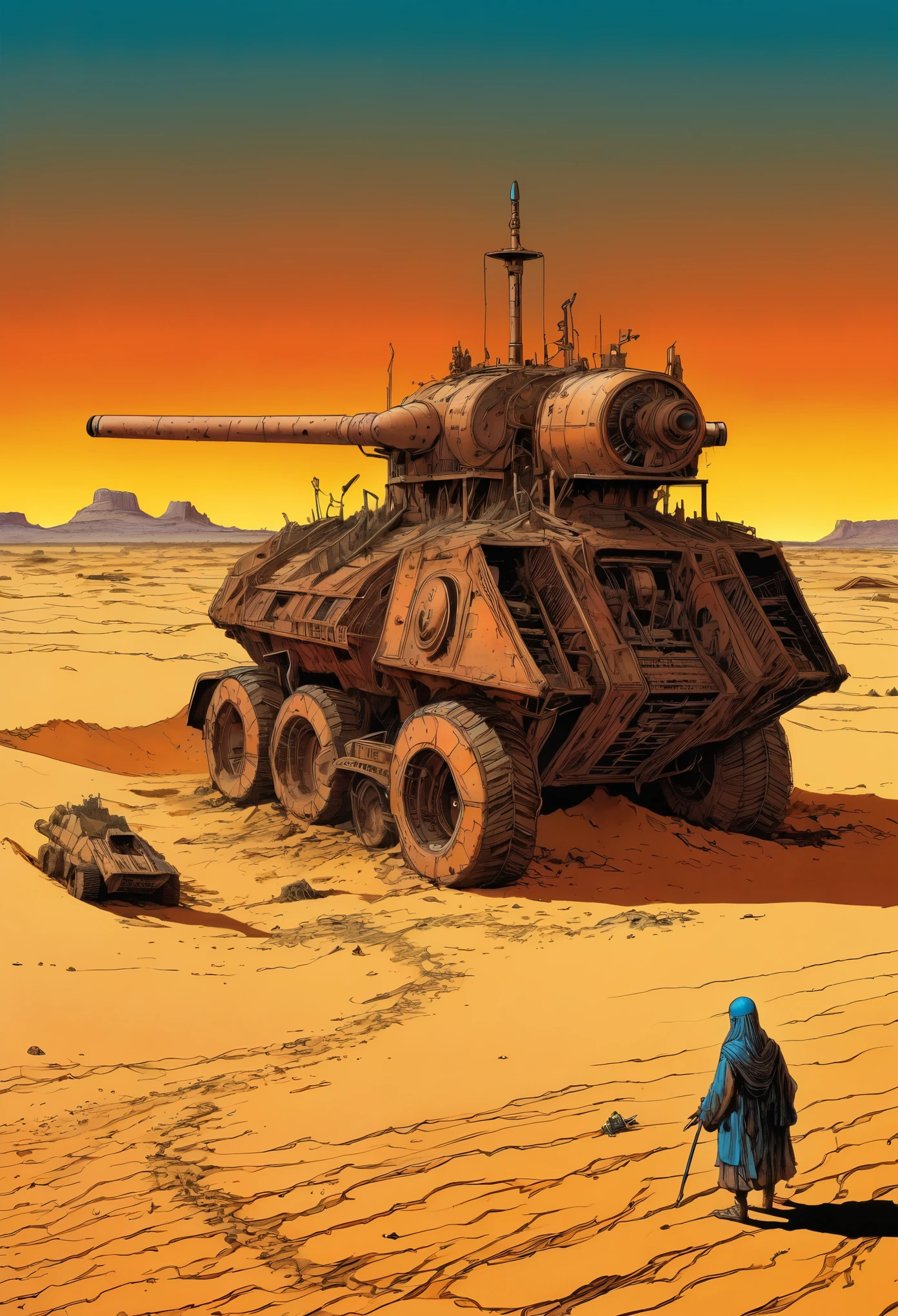 Anguibilar,Philippe Drouet,Moebius inspired French comic art "Vast desert,Full of huge, Rusty war machines, Half buried in the sand, Sunset,Casts long shadows across the scene, Adds an eerie feeling of a long-forgotten battlefield", The contrast of colors and textures should be sharp、meticulous,Surrealism,Energetic,But slightly unsaturated