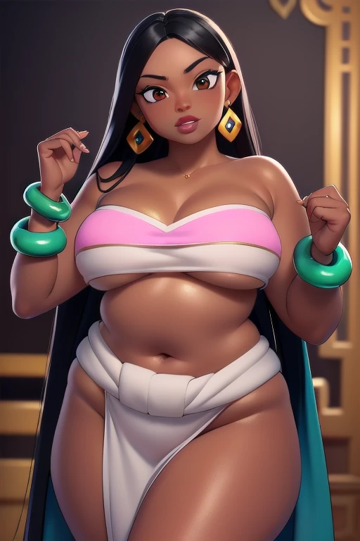 ((ultra quality)), ((masterpiece)), Chel, ((black-haired long hair)), (Beautiful face), (beautiful female lips), (), charming, ((sexy facial expression)), looks at the camera, (dark skin color), (dark skin), glare on the body, ((Detailed eyes)), ((Hazel eyes)), (juicy female lips), (brown lips), (dark eyeliner), (beautiful female hands), ((ideal female fat figure)), female body plus, beautiful waist, beautiful hips, medium breasts, ((subtle and beautiful)), stands seductively, (Wearing: tube top, loincloth, emerald bracelet's and golden earrings:1.2), background: stone temple, ((depth of field)), ((high quality clear image)), (clear details), ((high detail)), realistically, professional photo session, ((Clear Focus))
