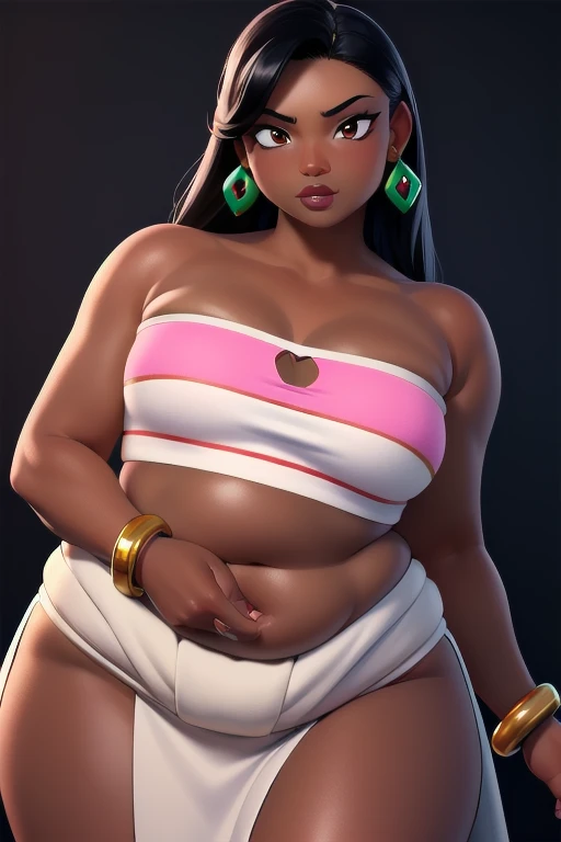 ((ultra quality)), ((masterpiece)), Chel, ((black-haired long hair)), (Beautiful face), (beautiful female lips), (), charming, ((sexy facial expression)), looks at the camera, (dark skin color), (dark skin), glare on the body, ((Detailed eyes)), ((Hazel eyes)), (juicy female lips), (brown lips), (dark eyeliner), (beautiful female hands), ((ideal female fat figure)), female body plus, beautiful waist, beautiful hips, medium breasts, ((subtle and beautiful)), stands seductively, (Wearing: tube top, loincloth, emerald bracelet's and golden earrings:1.2), background: stone temple, ((depth of field)), ((high quality clear image)), (clear details), ((high detail)), realistically, professional photo session, ((Clear Focus))
