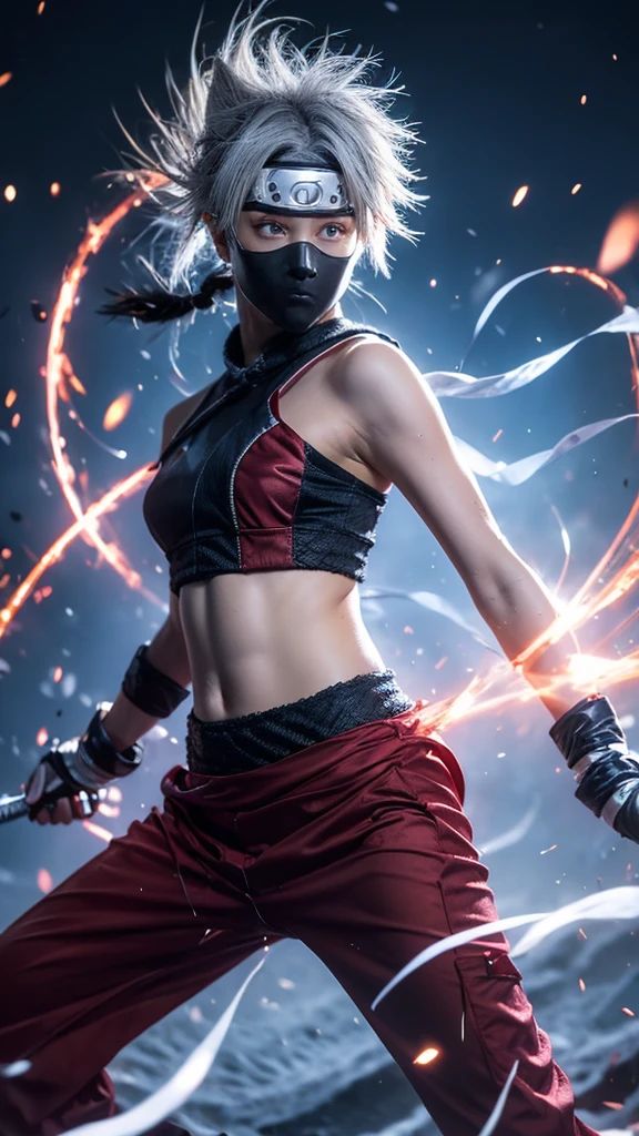 Moisturized skin, (red eyes), realistic body, (adult female body), energetic, (16 years old), (girl),
BREAK,
bright red lipstick, (beautiful navel), (pink hair), beautiful hair, (Hatake Kakashi's clothes: 1.3),
BREAK,
((masterpiece + highest quality + high resolution + highly detailed)), (full body: 1.2), symmetrical, one shot,
BREAK,
(electric shock), (wind blows), (blue electricity), (battle stance: 1.4),
BREAK,
(large Japanese sword), ninja, inside a mansion, assassination, cut, kunai, fantastical, dynamic,