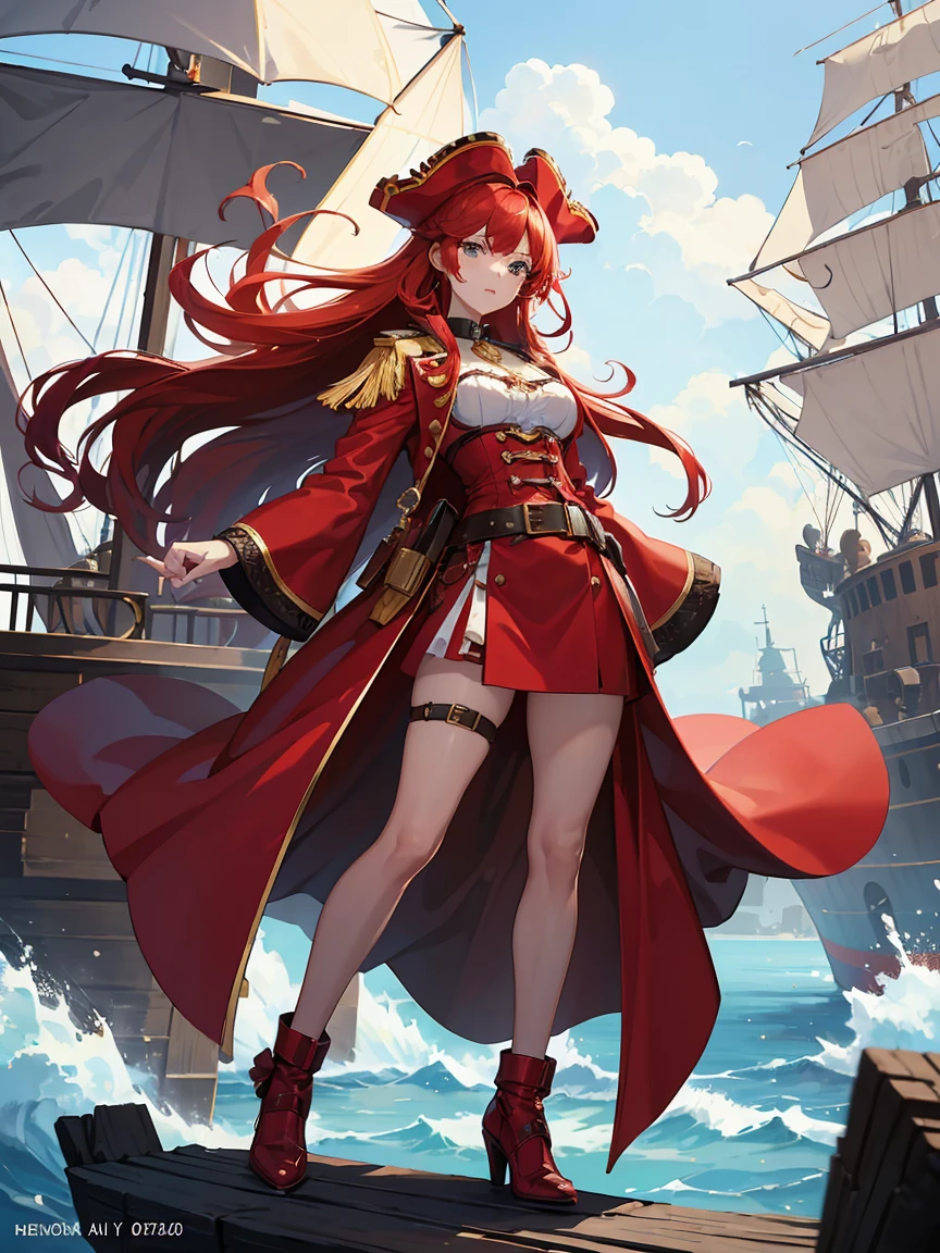 (high resolution) , (best qualityer),(4 k image),(detailedeyes),(body detailed). 1 girl, big red hair,smallbreast, dressed as a pirate captain and,wearing black boots looking at the viewer, (fully body) standing,about the ship .(Upscale)