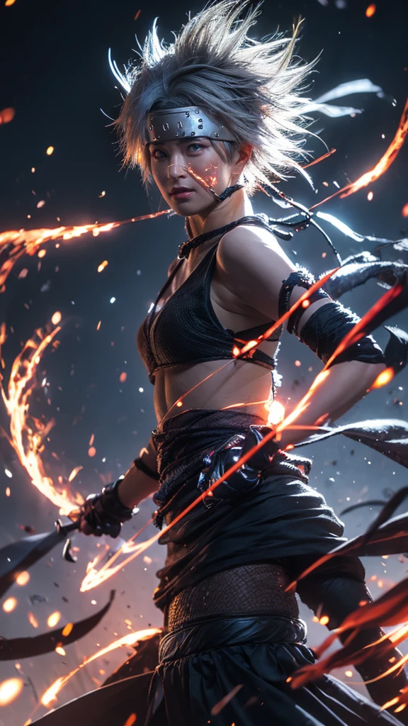 Moisturized skin, (red eyes), realistic body, ( female body), energetic, (16 yeirl),
BREAK,
bright red lipstick, (beautiful navel), (silver hair), beautiful hair, (Kakashi Hatake's clothes: 1.3),
BREAK,
((masterpiece + highest quality + high resolution + highly detailed)), (full body: 1.2), symmetrical, one shot,
BREAK,
(electric shock), (wind blows), (blue electricity), (battle stance: 1.4),
BREAK,
(large Japanese sword), ninja, inside a mansion, assassination, cukunai, fantastical, dynamic,